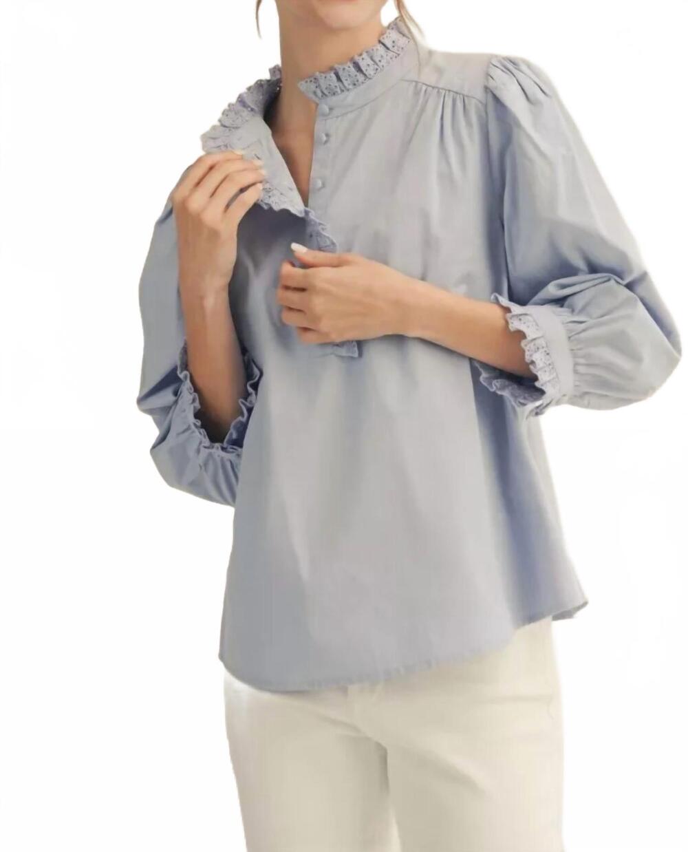 NEW JODIFL 3/4 sleeves front button up eyelet trim top in blue